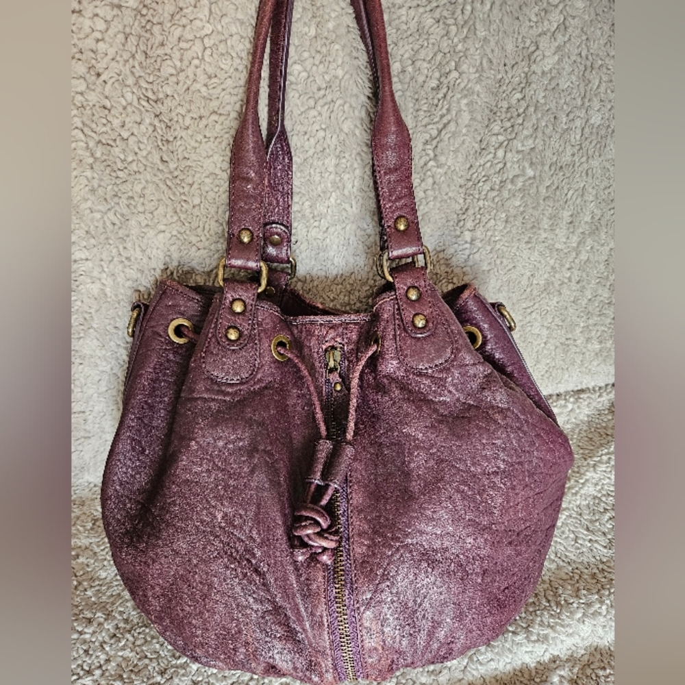 Nordstrom Purple distressed leather hobo purse drawstring bucket bag